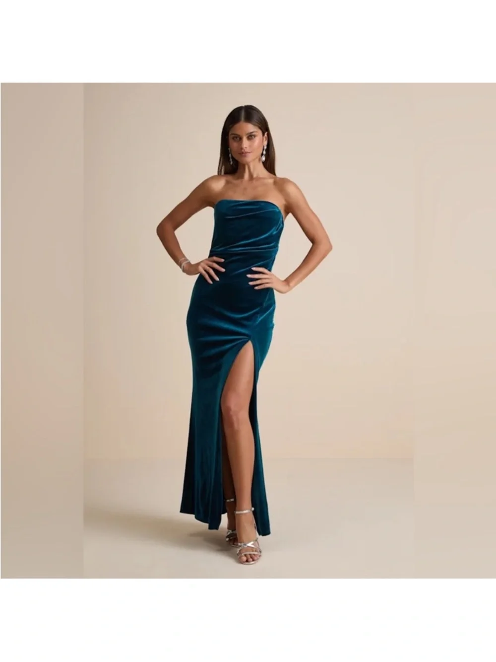 NWT - Lulus Women Perfectly Captivating Velvet Strapless Maxi Dress Dark Teal
